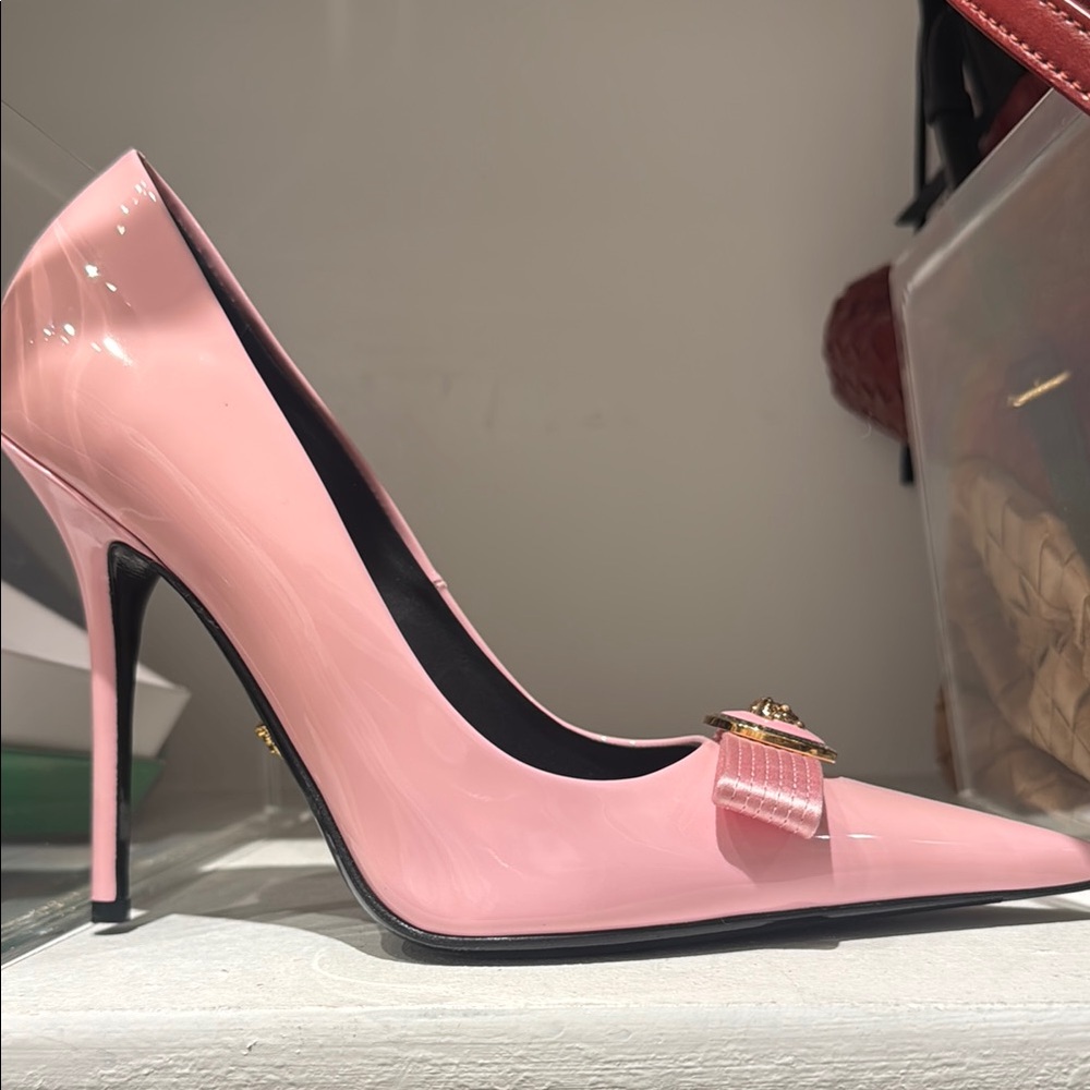 Versace Pink Patent Pointed-Toe Stiletto Pump with Bow Accent